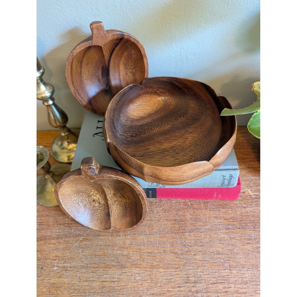 Vintage Monkey Pod Wood Bowls Set 3 Hand Carved Brown Philippine Mid Century